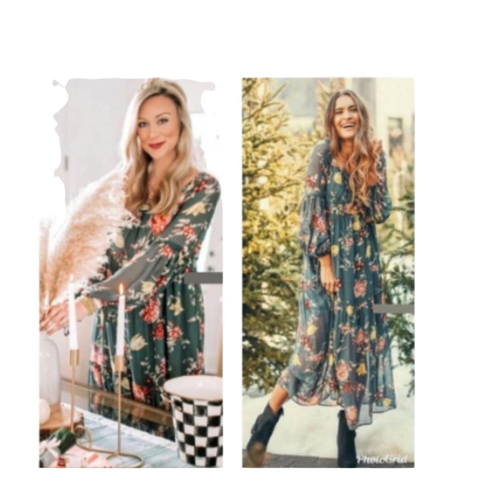 Anthropologie Evelin Floral Maxi Dress Square Neck Tiered Puff Dark Teal XSP - Picture 2 of 11